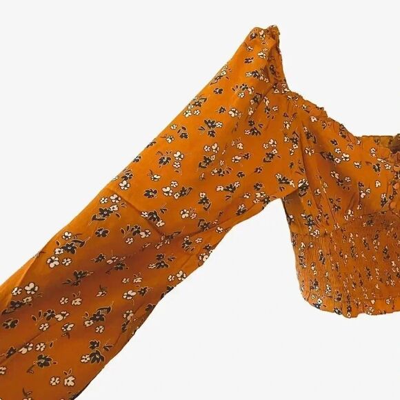 Elodie Womens Crop Top Orange Rust Floral Long Sleeve faux Button Front SZ L - Picture 3 of 12